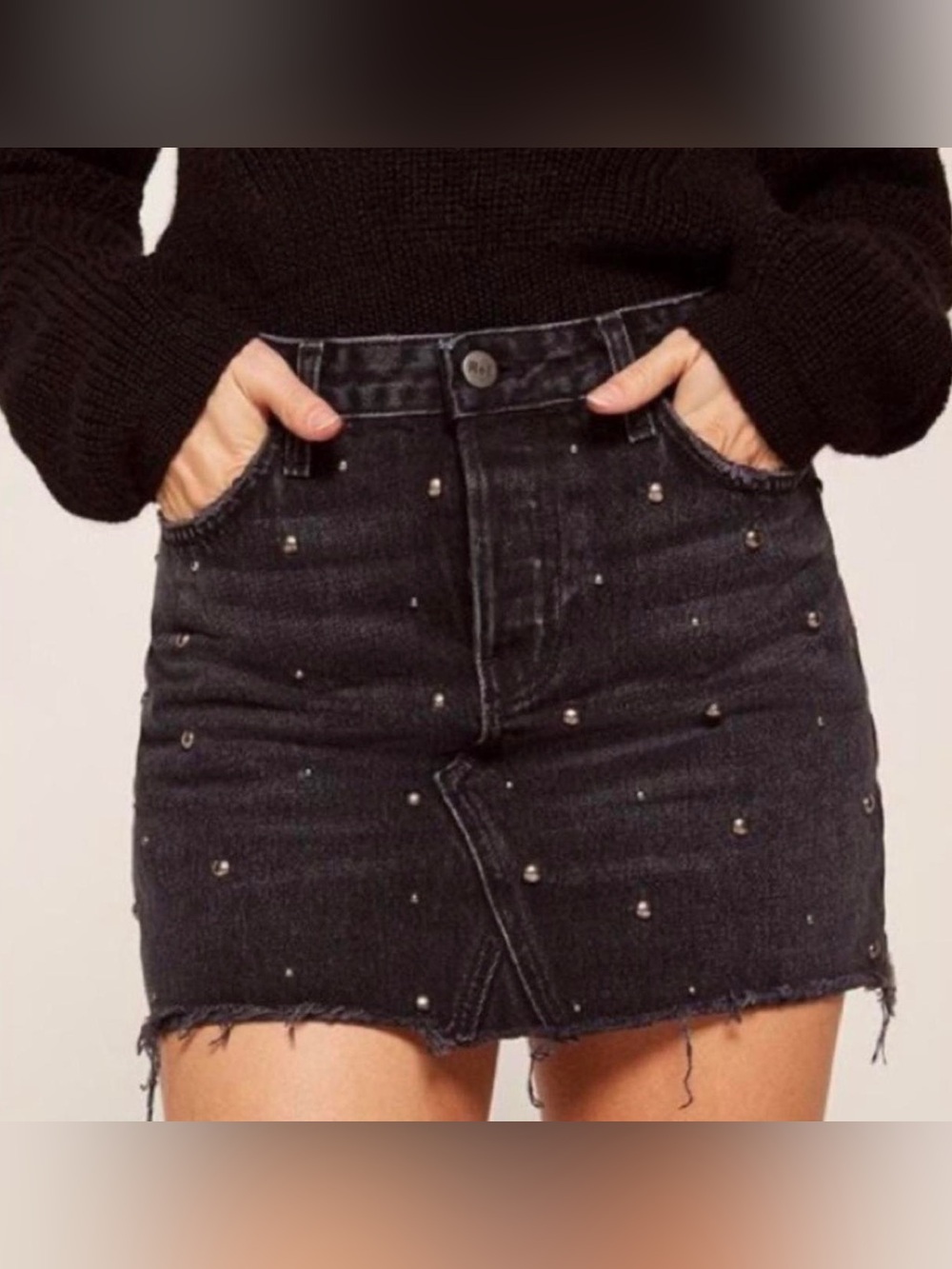 Reformation Davidson Studded Denim Mini Skirt Raw Edge Fringe Black 31